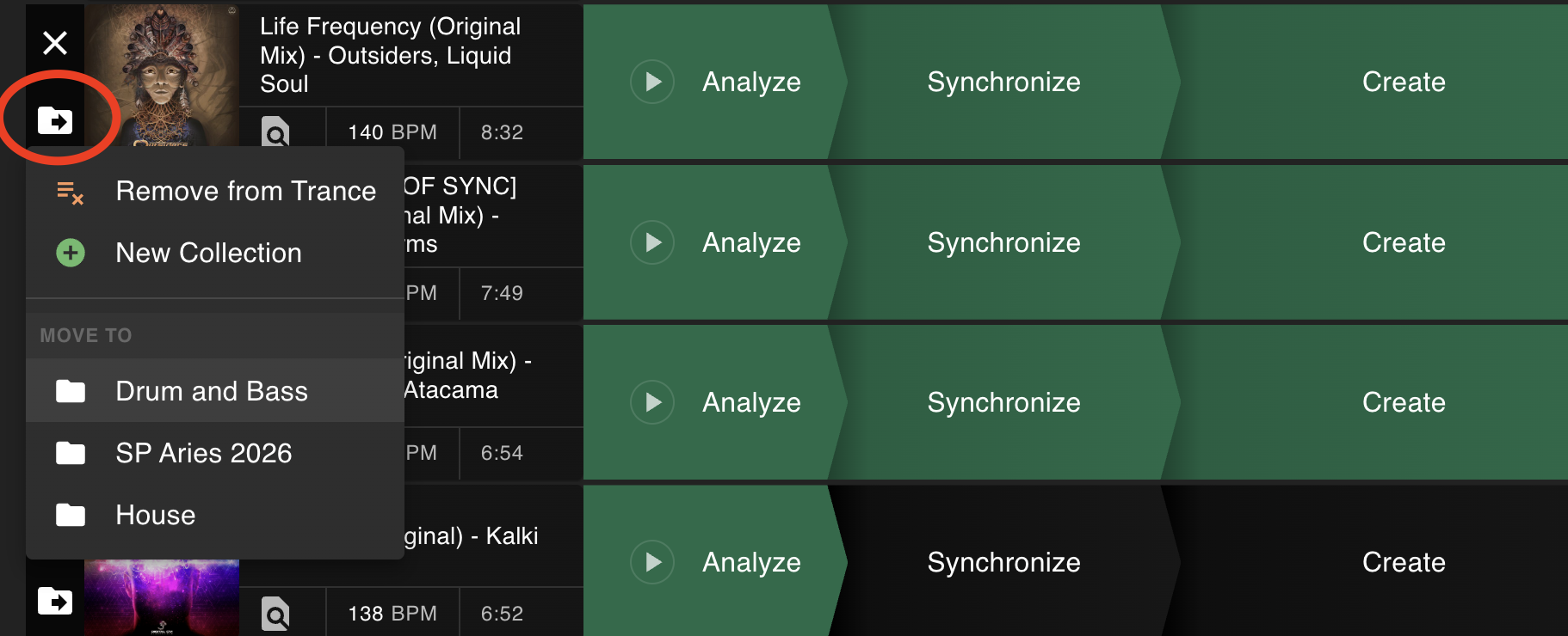 The per-song collection menu, showing options to remove a song from its current collection, create a new collection, or move it into another existing collection
