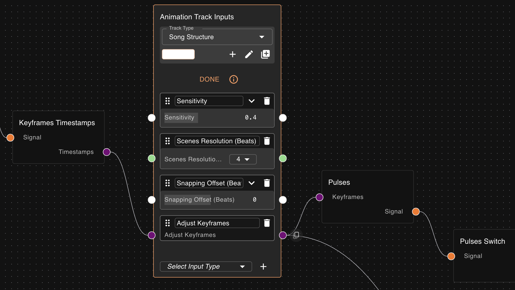 A Keyframes Timestamps node wired into the Adjust Keyframes input socket of a Song Structure Animation Track Inputs node, providing its computed default