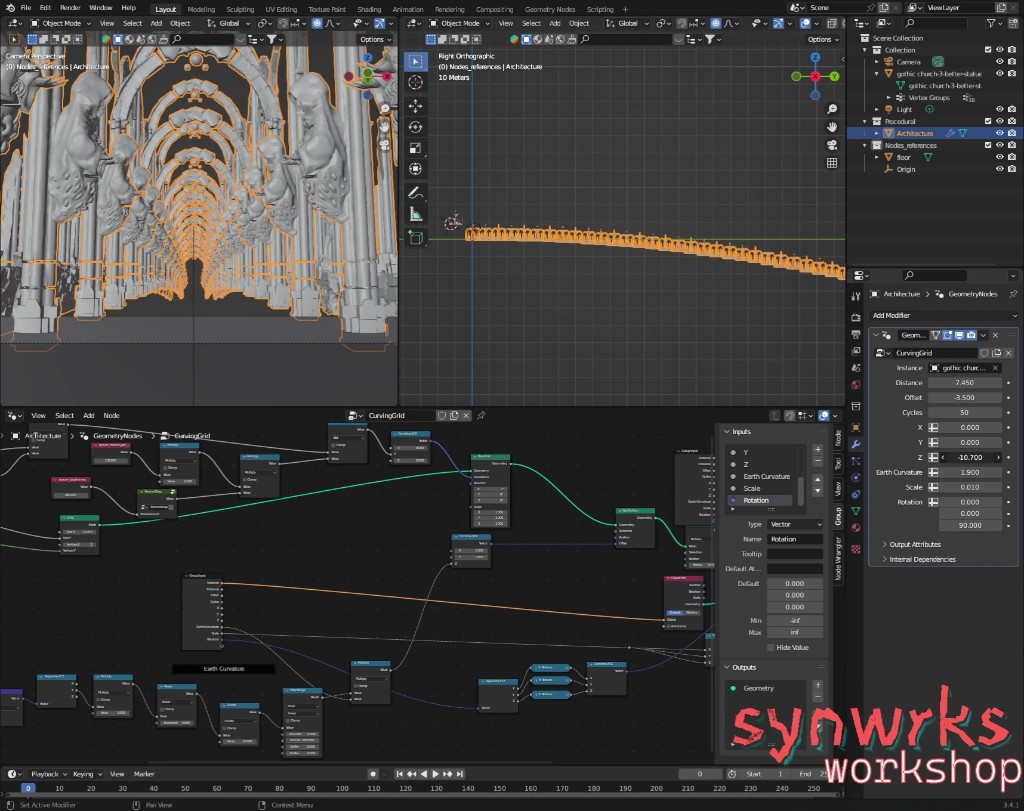 Blender workspace showing a looping architectural scene and geometry nodes setup
