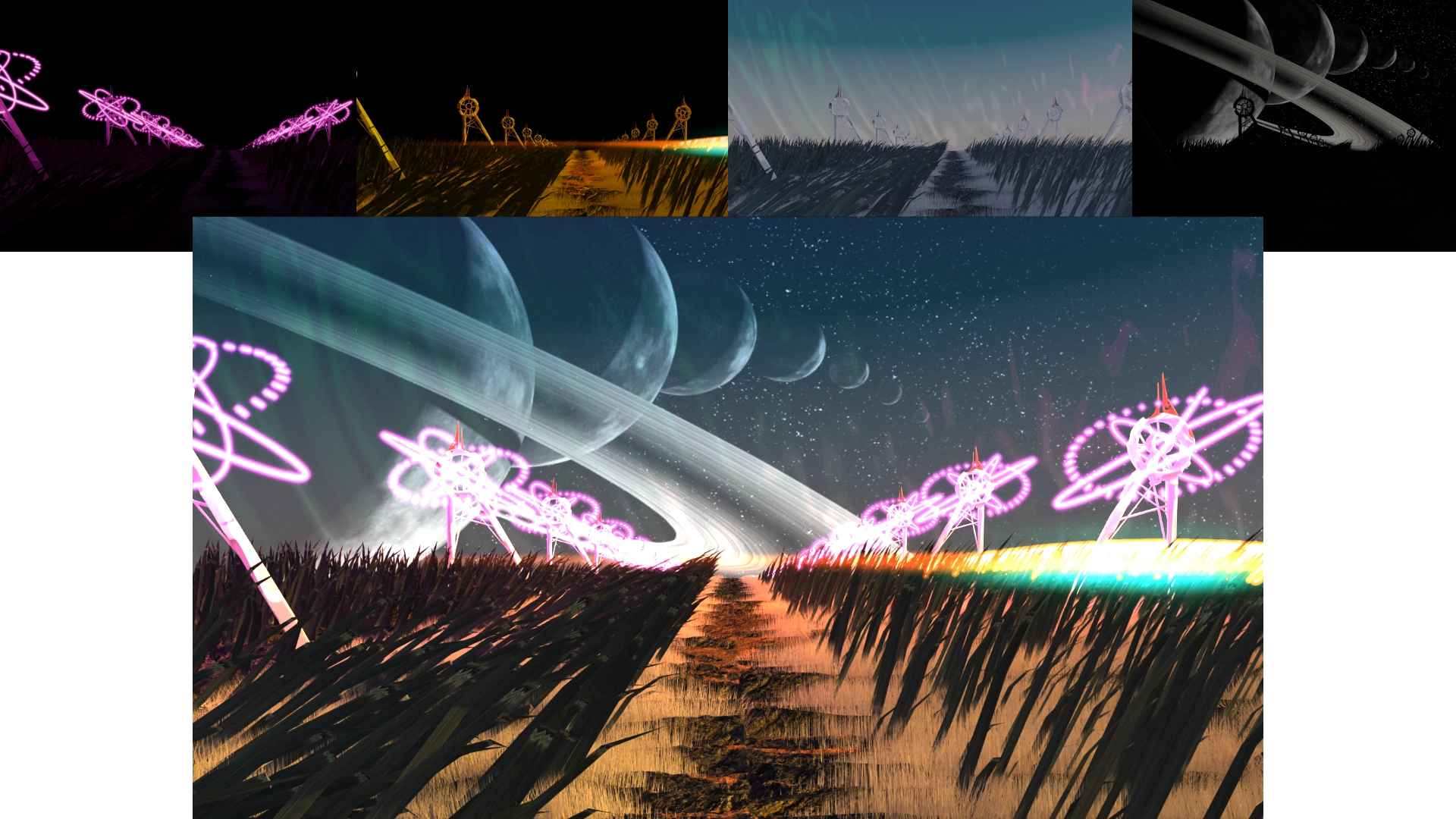 A composite showing several separate light passes and the final combined result