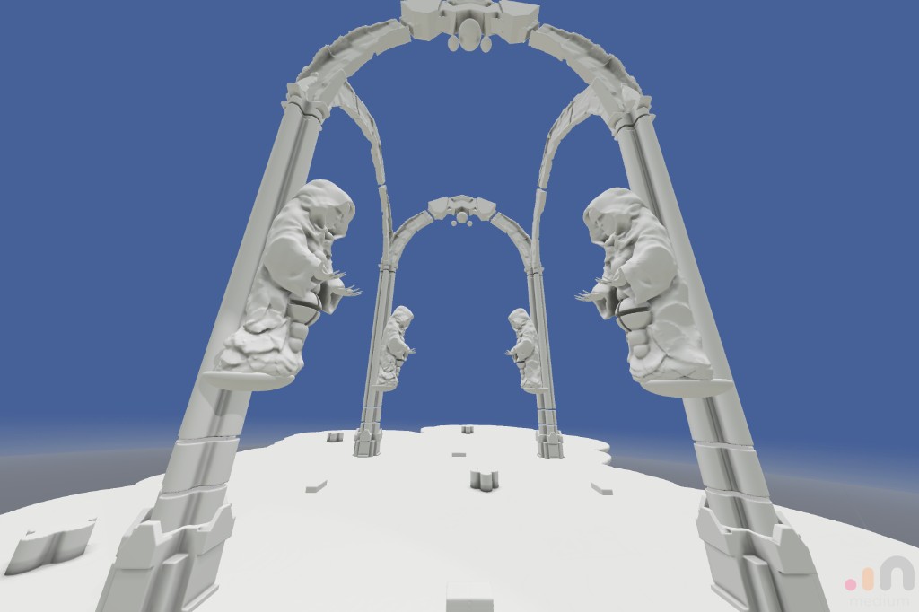 A rendered looping corridor of arches and sculptural figures