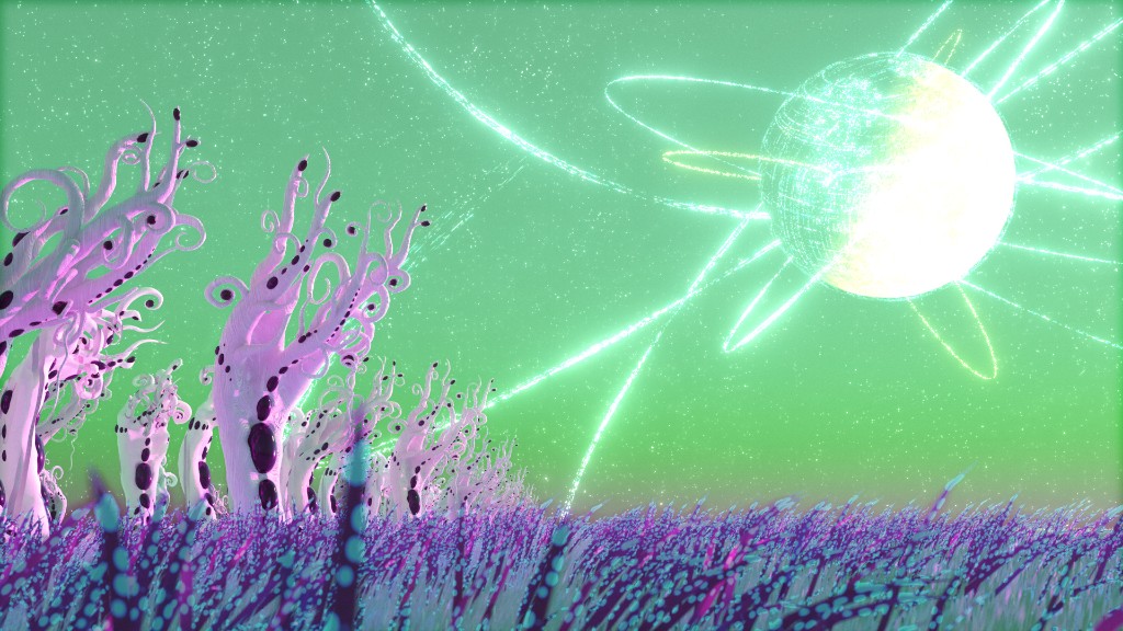 A rendered alien landscape with glowing flora and a ringed sun