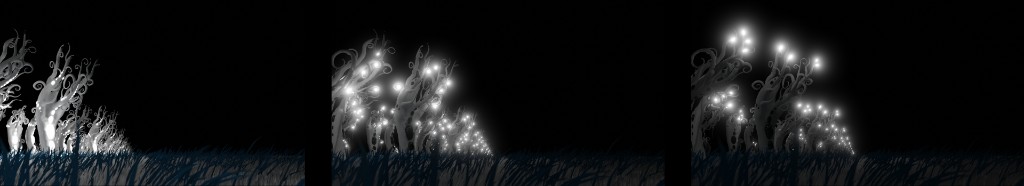 Three versions of a scene showing clustered glowing elements lighting up together