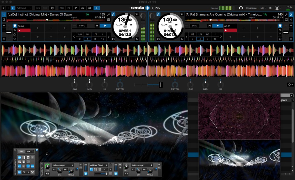 DJ software interface with video visuals and effect controls