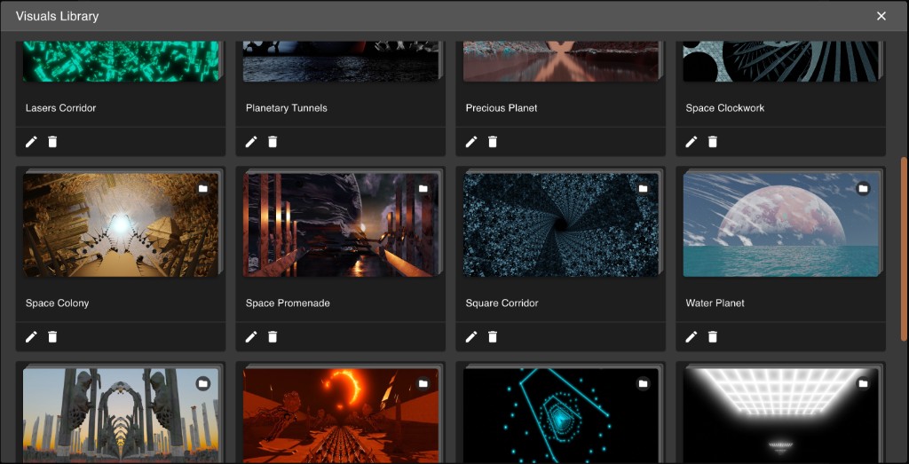 Vizloom visuals library showing multiple scene folders with thumbnails