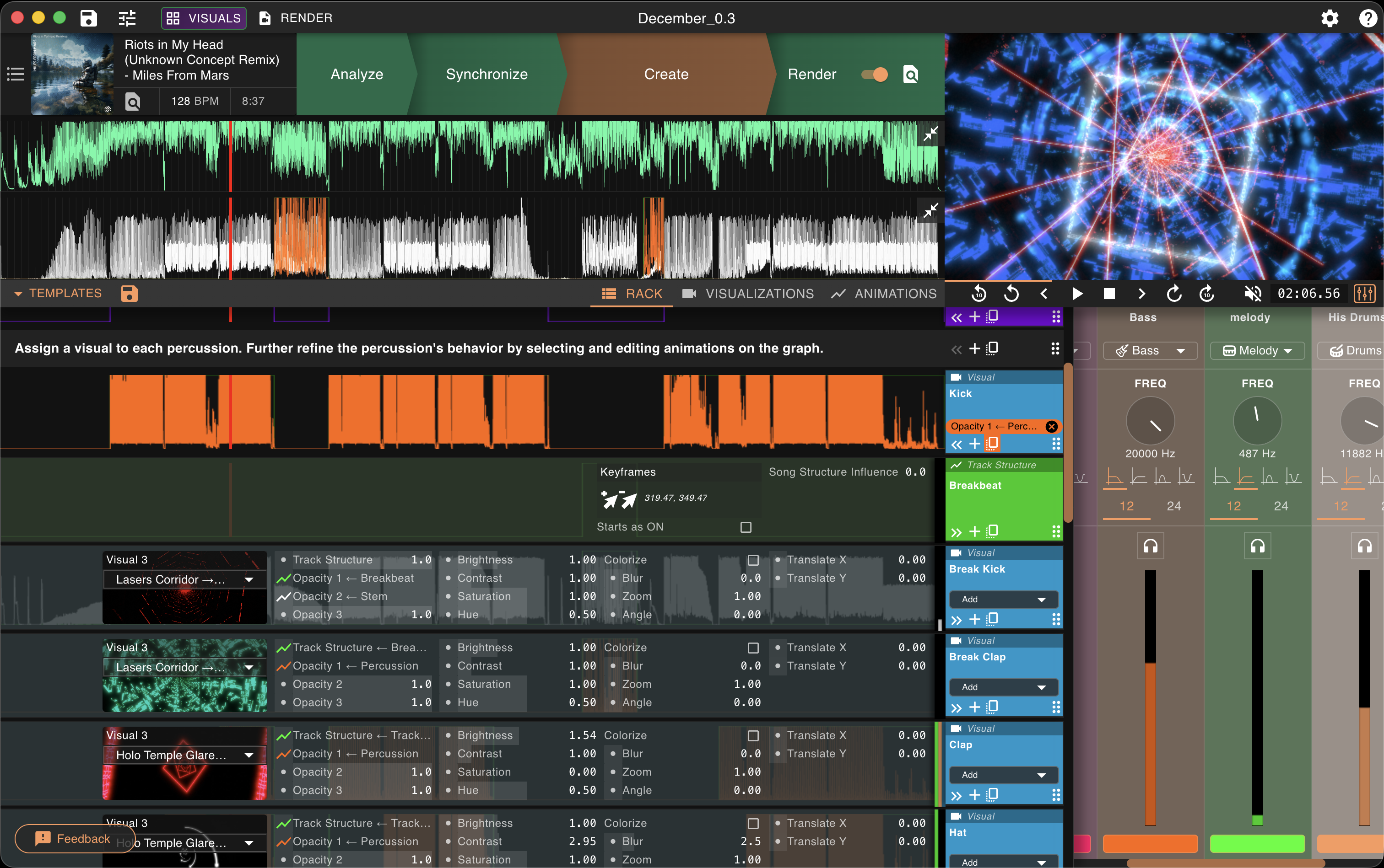 Vizloom interface showing layered visuals, rack controls, and song structure editing