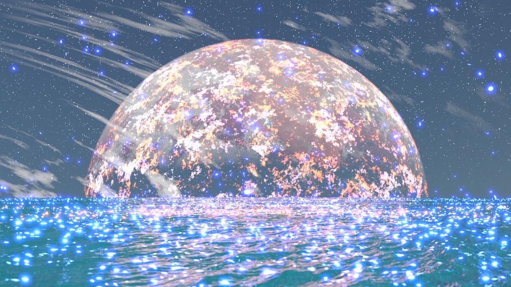A reflective water scene with a glowing planet and particle-like stars