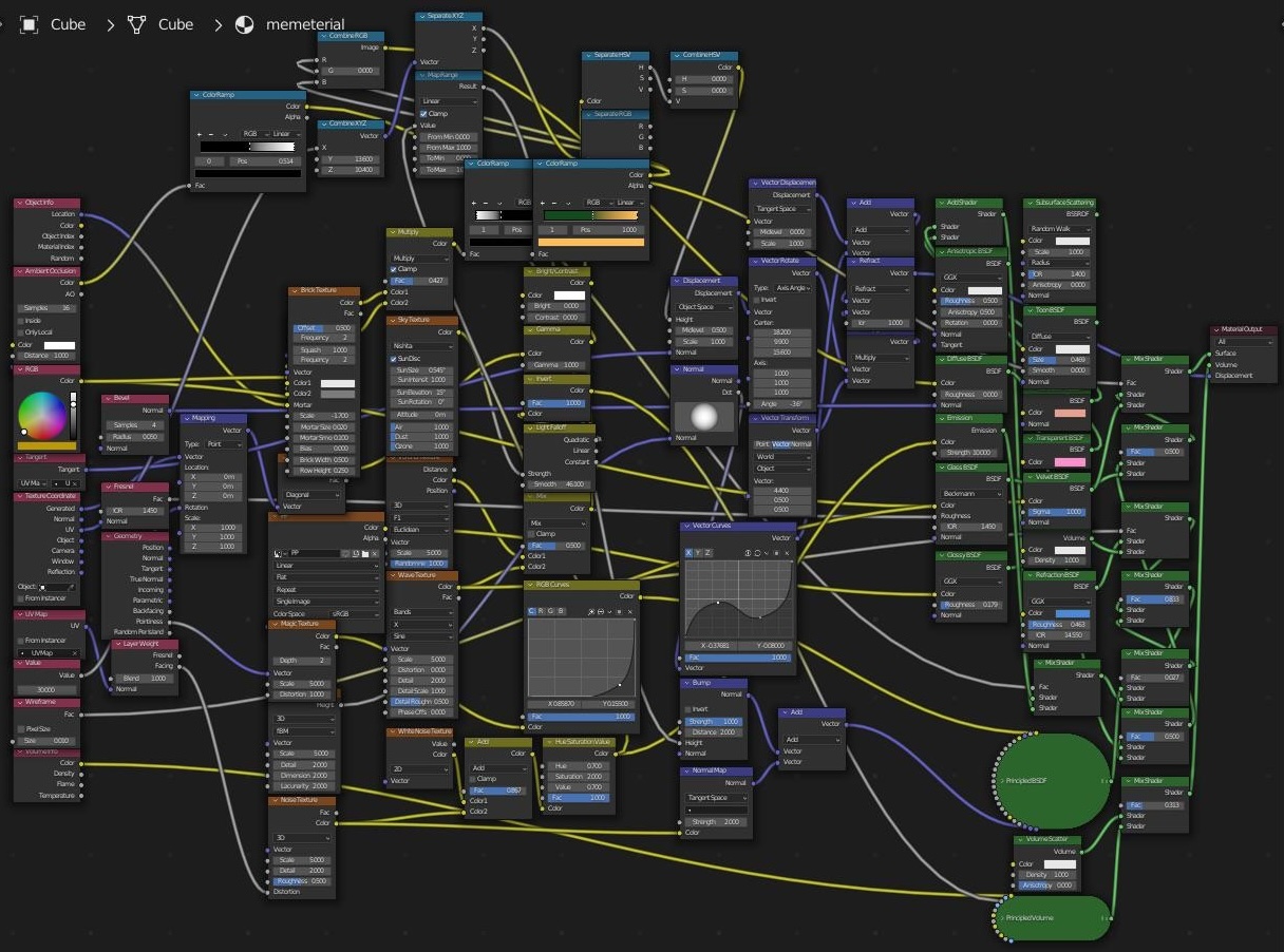 A dense Blender node graph with many overlapping connections
