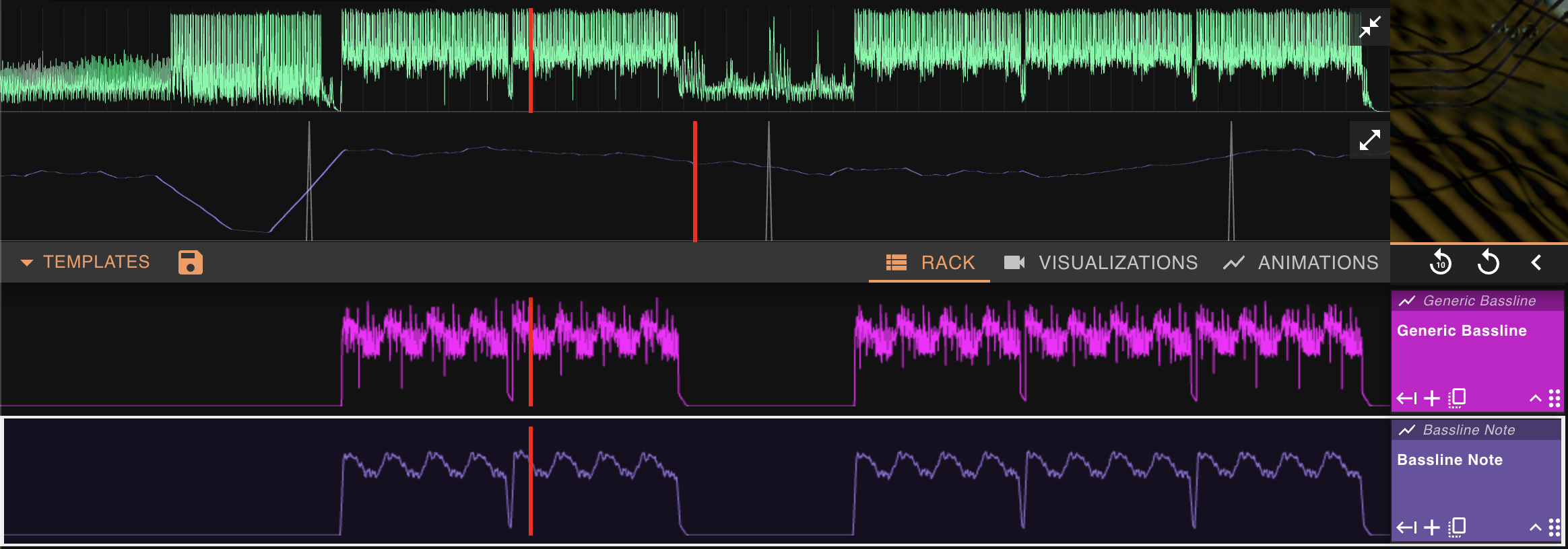 A bassline audio track whose volume chart rises and falls with each note of the riff