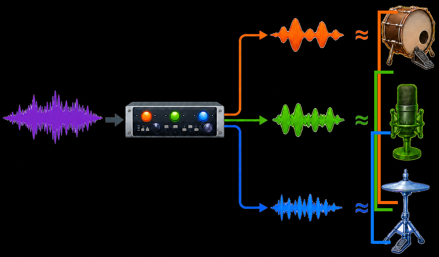A waveform passing through a filter unit and splitting into low, mid, and high bands that only approximate a kick, a vocal, and a hi-hat