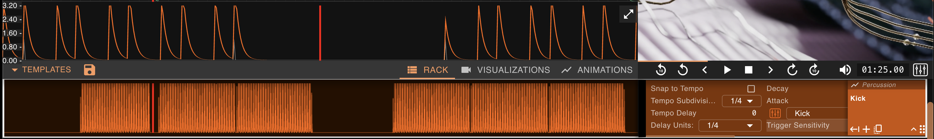 A kick track with snap to tempo disabled, its animation pulses following an irregular, syncopated rhythm