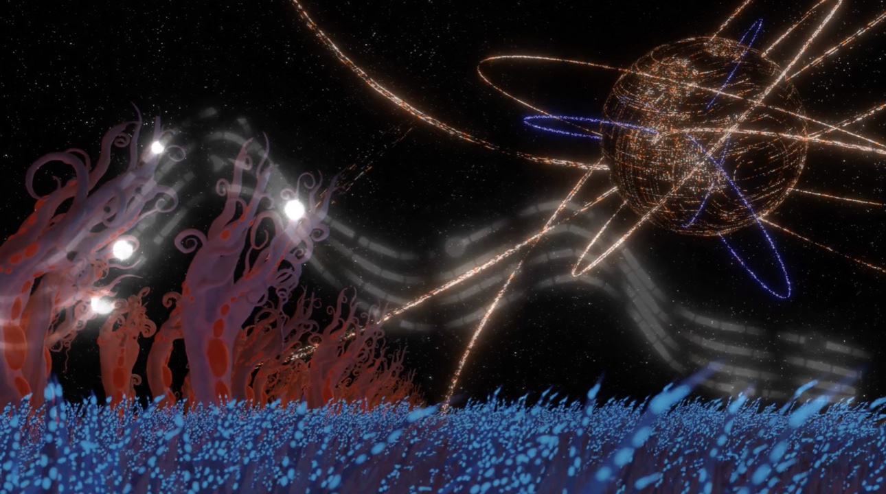 A rendered night scene with glowing blue grass, coral-like shapes, and luminous trails arcing toward a wireframe planet