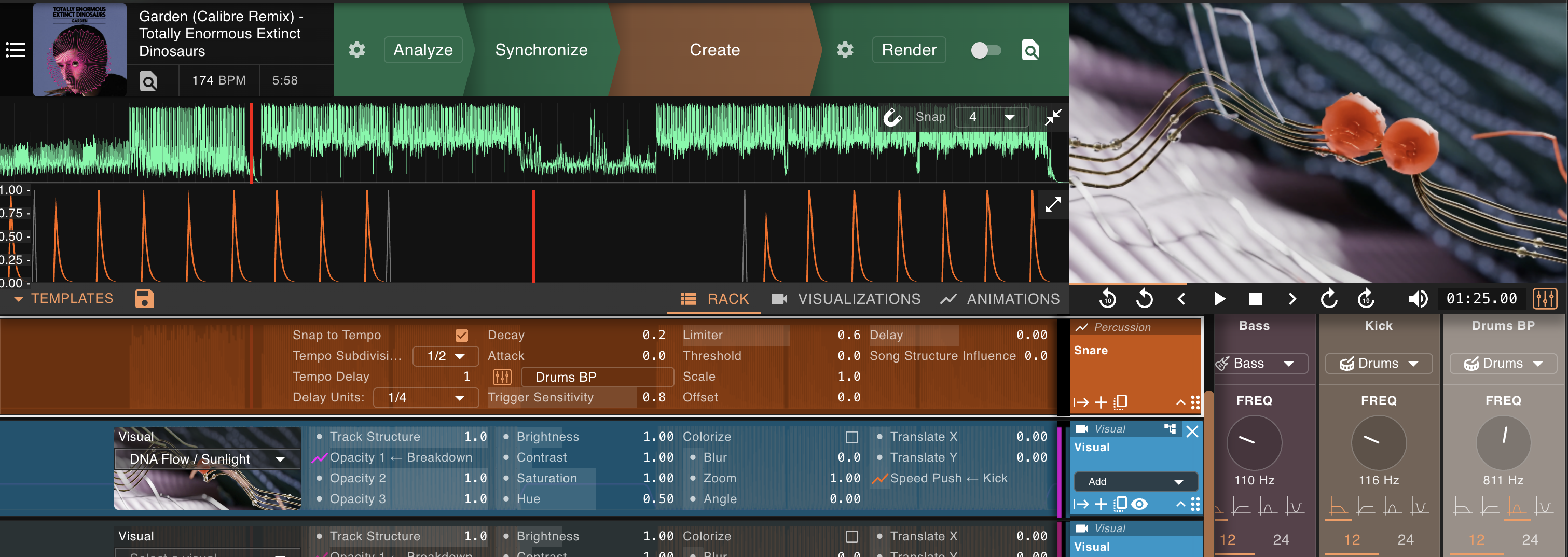 The Vizloom rack showing a snare percussion track next to the audio tracks that isolate bass, kick, and drums